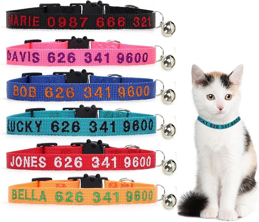 Personalized Cat Collars, Embroidered with Pet Name and Phone Number, Adjustable Nylon Breakaway Safety Release Buckle ID Collar,Custom Text with Bell for Cat or Kitten,Red