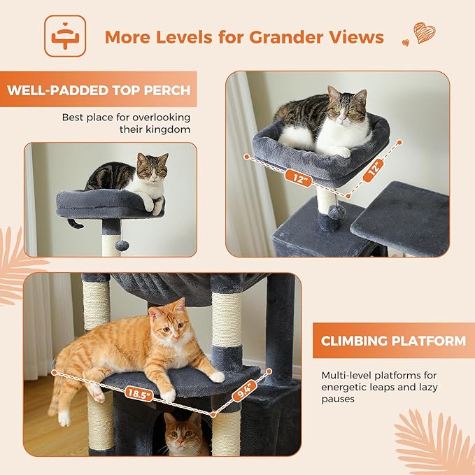 Cat Tree for Indoor Cats, 64.5" Tall Cat Tower with 2 Cozy Condos, Scratching Posts, Large Hammock and Dual Padded Perches, Multi-Level Activity Center for Large Cats, Dark Grey