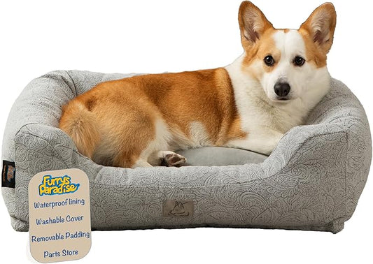 Furry's Paradise Foam Cuddler Pet Bed with Waterproof Liners, Reversible Cushion, Washable Cover, Recycled Fibers and Non-Slip Bottom. (Gray Paisley, Orthopedic Medium)