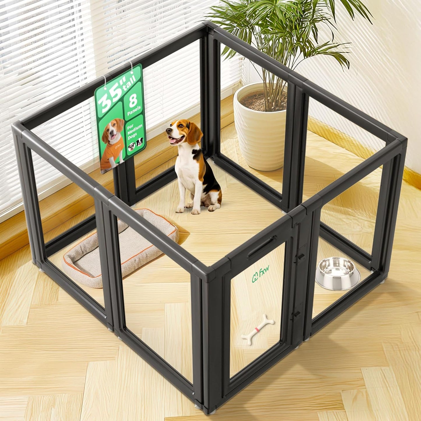 FXW AuraSpace Acrylic Indoor Unleashed Dog Playpen for Medium Dogs, 35 Inch, 8 Panels, Black