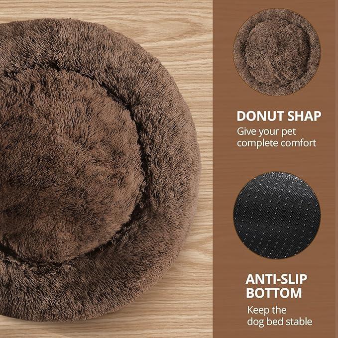 JOLLYVOGUE Small Dog & Cat Beds for Indoor Cats, Donut Cuddler Warming Soft Dog Beds with Anti-Slip Bottom, Round Calming Fluffy Plush Faux Fur Cushion Bed for Small Dogs (23", Coffee)