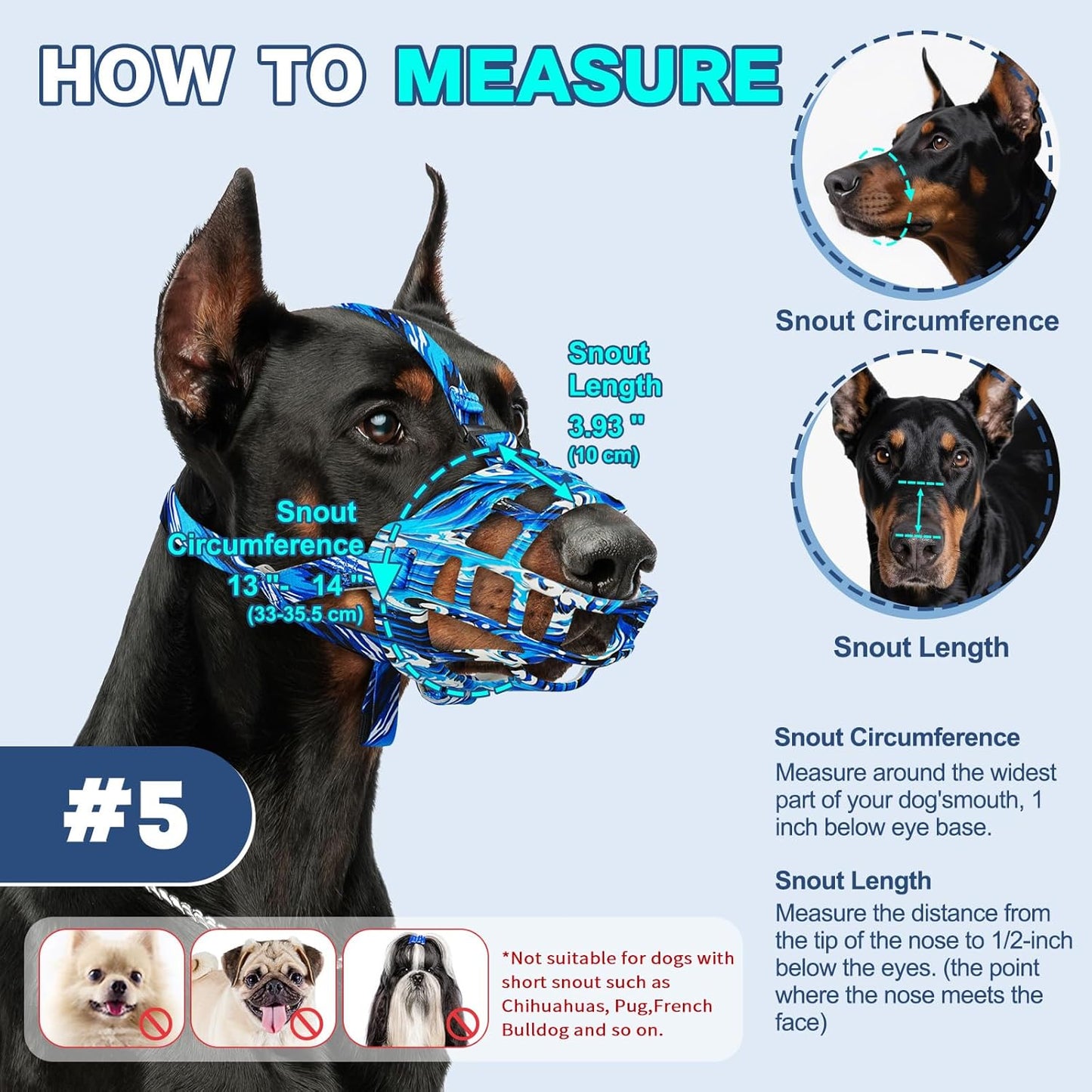 Basket Muzzle to Prevent Biting, Dog Muzzle for Large Medium Small Dogs Allows Panting Drinking Anti Chewing, Perfect for Grooming Trimming Training and Aggressive Reactive Dogs (Blue, Size 5)