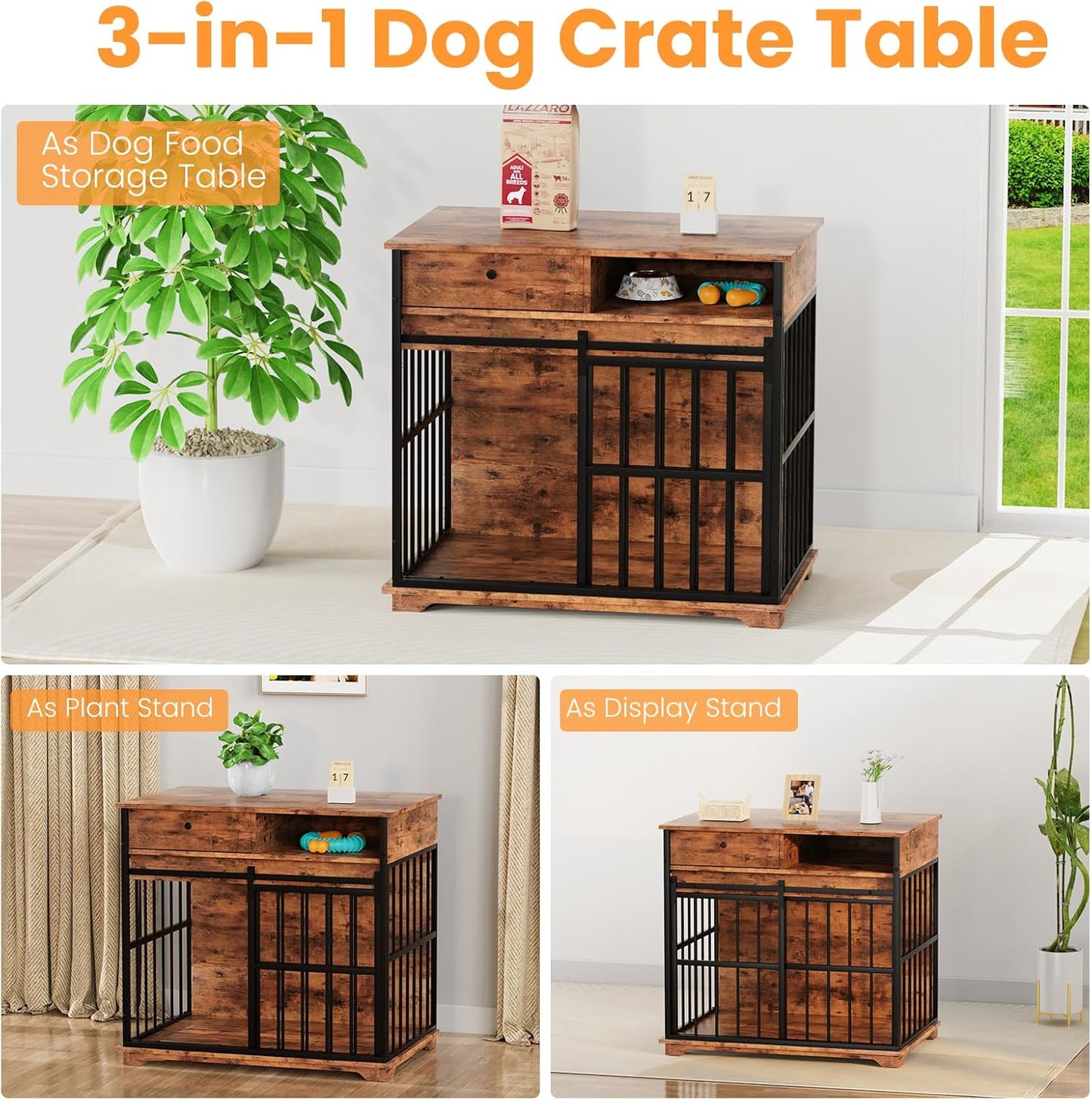 35.5" Dog Crate Furniture, Wooden Dog Crate Furniture for Medium Small Dogs, Wooden Dog Kennel End Table with Drawer and Open Shelves, Sliding Door Dog Kennel Furniture