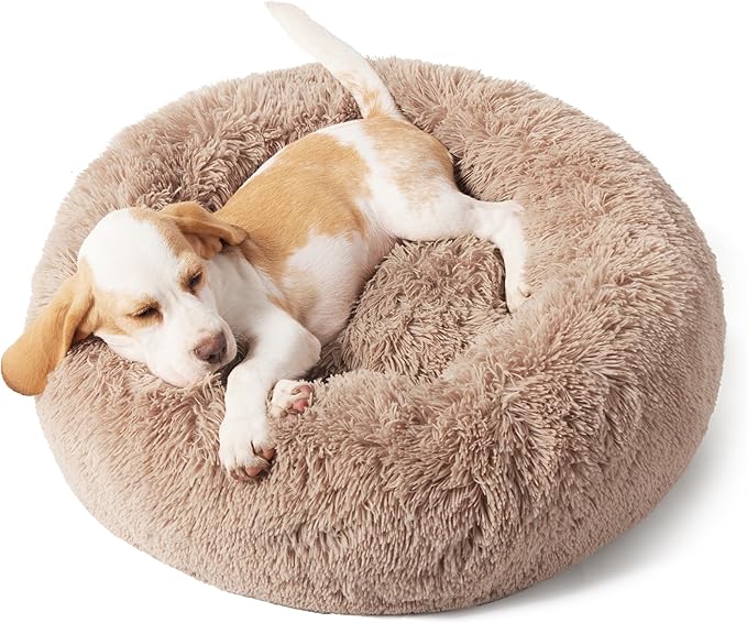 Bedsure Calming Dog Bed for Small Dogs - Donut Washable Small Puppy Bed, 23 inches Anti-Slip Round Fluffy Plush Faux Fur Large Cat Bed, Fits up to 25 lbs Pets, Camel