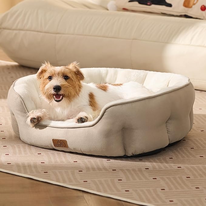 Bedsure Dog Bed for Medium Dogs - Round Washable Medium Pet Bed, Anti-Slip Donut Fluffy Plush Indoor Fur Cat Bed, 28 inches, Camel