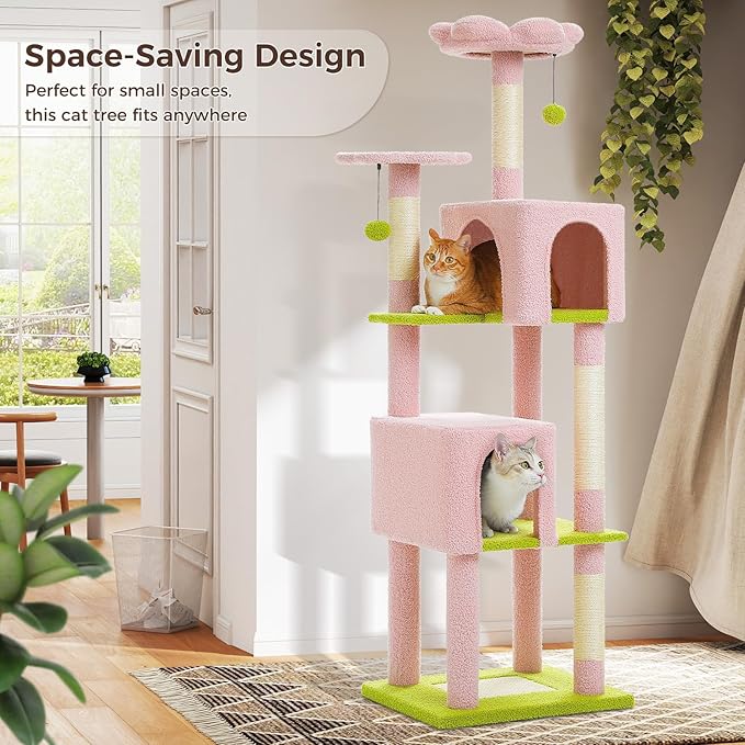 62" Cat Tree for Indoor Cats, Multi-Level Cat Tower for Large Cats with Scratching Posts, 2 Spacious Plush Condos, Padded Perch, Soft Cat Bed, Scratching Pad & 2 Pompoms, Pink