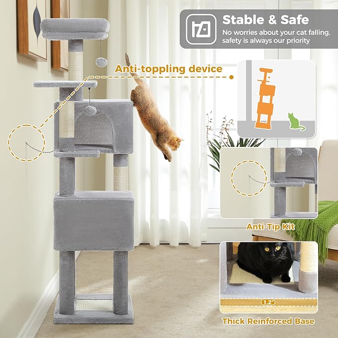 62" Cat Tree for Indoor Cats, Multi-Level Cat Tower for Large Cats with Scratching Posts, 2 Spacious Plush Condos, Padded Perch, Soft Cat Bed, Scratching Pad & 2 Pompoms, Gray