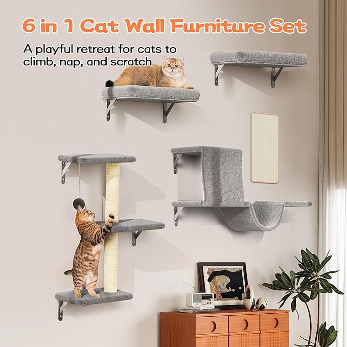 6-in-1 Wall Mounted Cat Climber Set for Heavy Cats，Wall Shelves,Stable & Safe Cat Furniture Set for Large Cats, Wooden Climbing Wall with Scratching Post（ Gray）