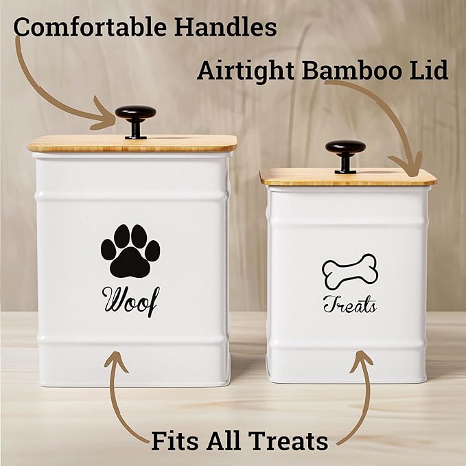 Dog Treat Container Airtight Set of 2 - 8x6 & 7x5 inch Iron Dog Treat Jars for Kitchen Counter with Airtight Bamboo Lids - 20 Cup Capacity Pet Treat Container Set - Doggie Cookie Jar - Treats Canister