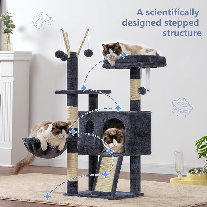 Hey-brother Cat Tree Tower, Scratching Posts with Removable Toys, Cozy Condo, Platform, Hammock, Sisal Scratch Board and Ball for Indoor Kittens, 41.3 Inches, Smoky Gray MPJ008SG