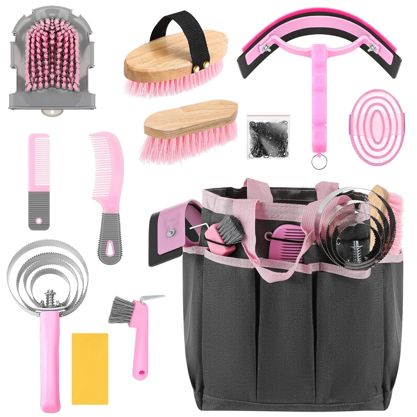 Abbylike 12 Pieces Horse Grooming Kit with Organizer Tote Bag Tack Room Supplies Horse Brush Sets Equine Care Cleaning Kit Shedding Grooming Massaging Tools(Pink and Grey)