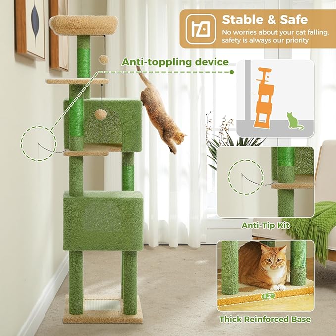62" Cat Tree for Indoor Cats, Multi-Level Cat Tower for Large Cats with Scratching Posts, 2 Spacious Plush Condos, Padded Perch, Soft Cat Bed, Scratching Pad & 2 Pompoms, Green