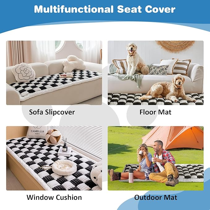 VClife Car Back Seat Cover for Dog, Non Slip Pet Bed Mat Washable Backseat Extender Cushion, Furry Dog Cat Travel Blanket Bed Modern White Black Plaid Bed, 51"×23.6"