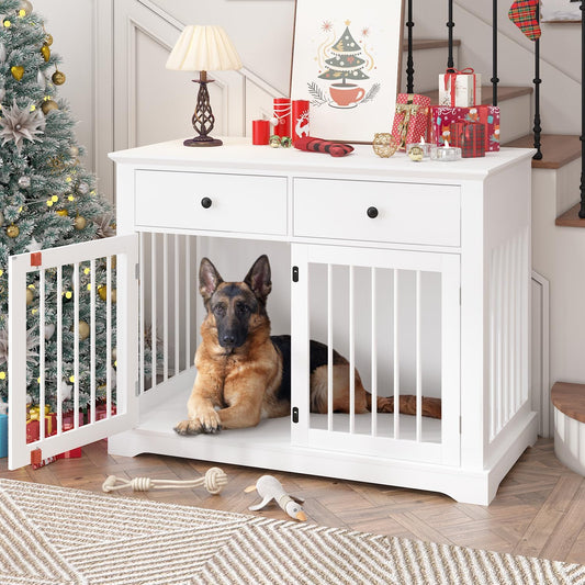 Dog Crate Furniture, 44 Inch Wooden Dog Kennel Indoor with 2 Storage Drawers, Heavy Duty Large Crate Furniture, Decorative End Table Cage Furniture for Small/Medium/Large (White)