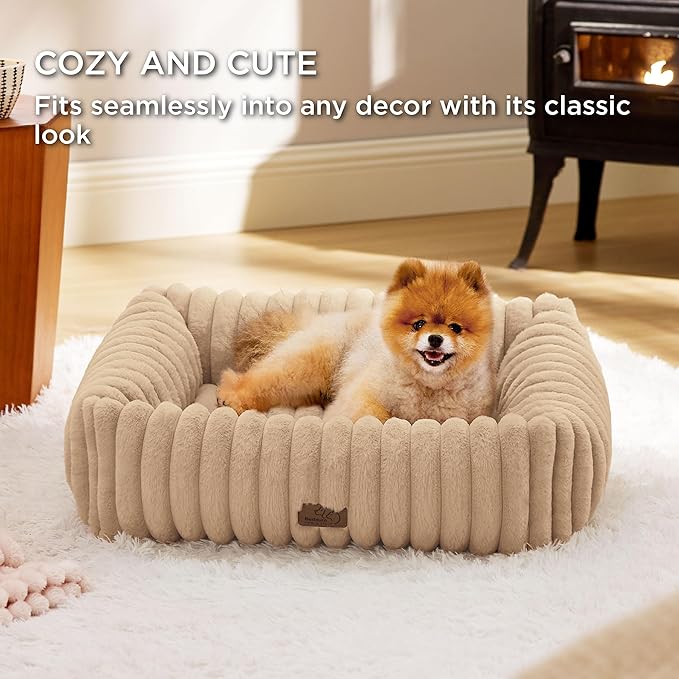 Bedsure Washable Dog Bed for Medium Dogs - Cute Furry Puppy Beds, Rectangle Orthopedic Corduroy Fleece Pet Beds with Removable Zipper Cover, 30x24x8inches, Sandy Beige