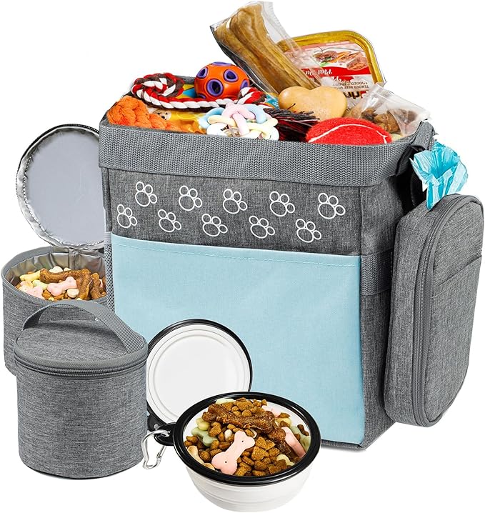 Dog Travel Bag with Treat Pouch, Airline Approved Dog Bags for Traveling, 2 Dog Food Travel Container, 2 Travel Bowls, Weekend Dog Travel Bag for Supplies, Dog Travel Kit Accessories