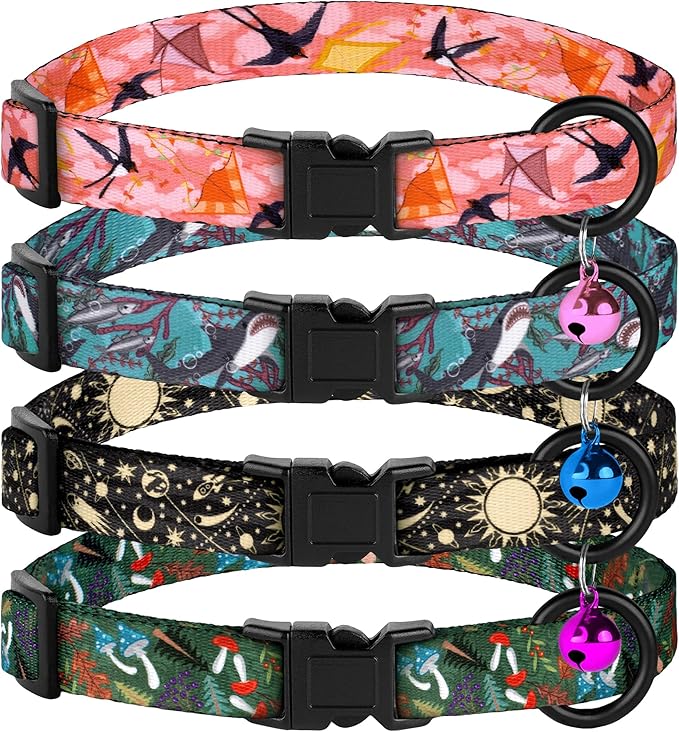 4PCS Breakaway Cat Collars with Bell - Cute Soft Adjustable Safety Kitten Collars 4-Pack - Nylon Pet Collars Nature Tribal Striped Floral Space Aztec Flowers Print (Nature)