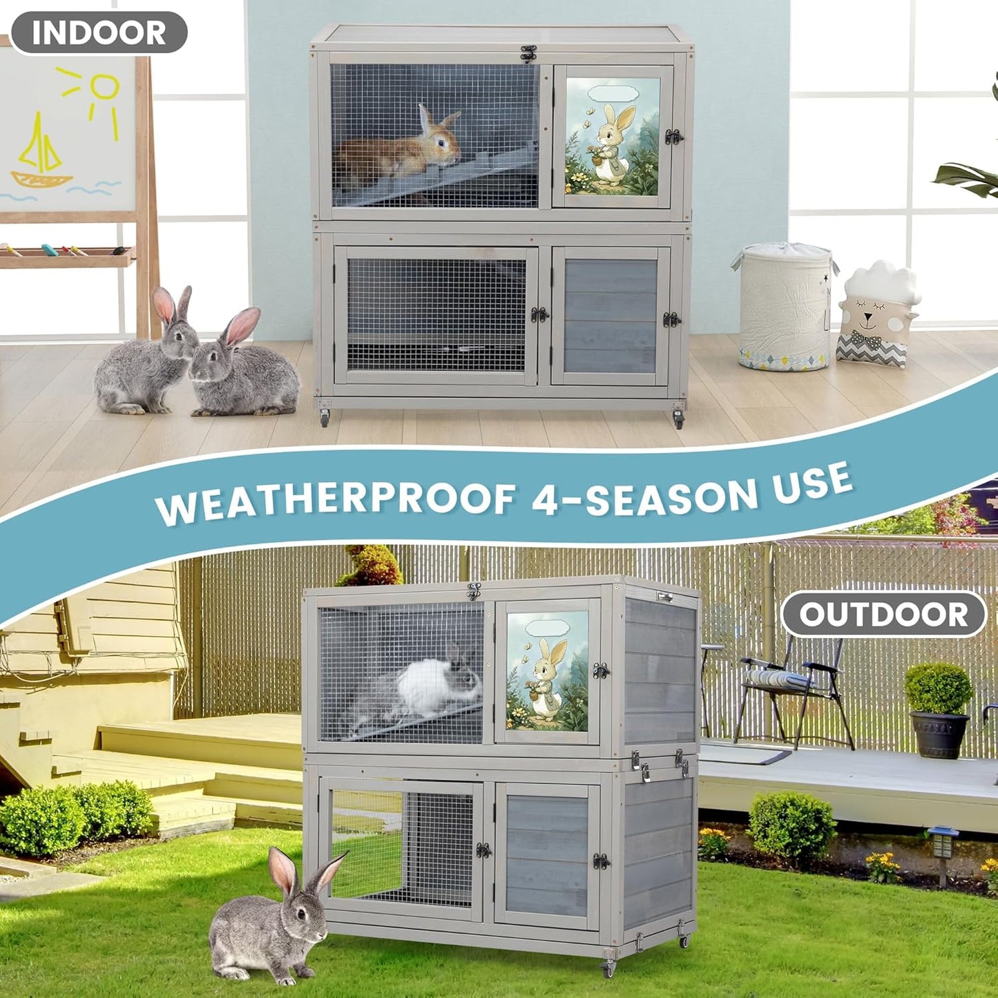 2-Story Wooden Rabbit Hutch for Outdoor & Indoor, Bunny Cage Rabbit House with Wheels, Trays, Ramp, Pet Home for Guinea Pigs, Chickens, Chicken Coop, Gray with Colorful Patterns