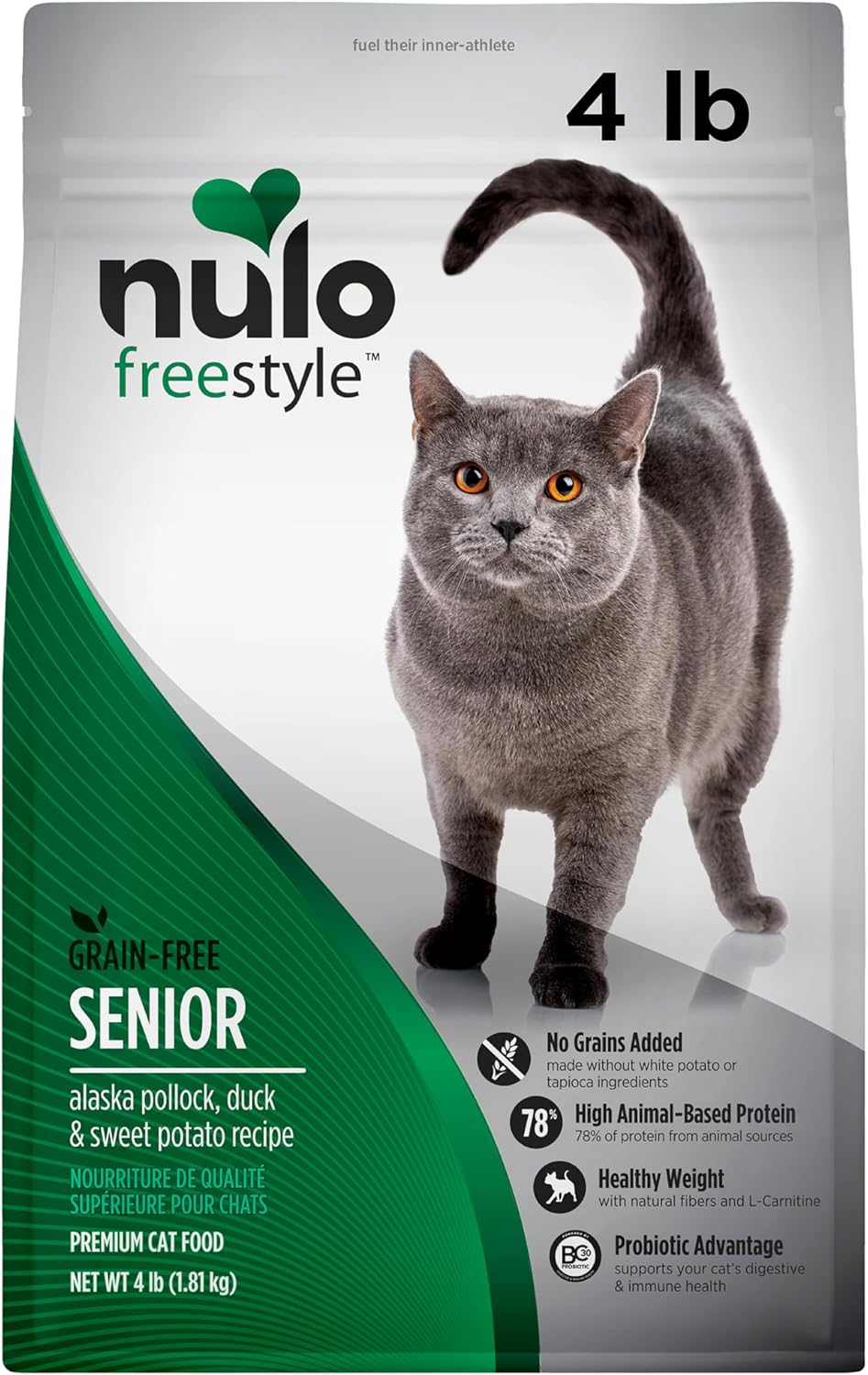 Nulo FreeStyle High Protein Senior Cat Food, Alaska Pollock & Sweet Potato Recipe - Natural Grain-Free Dry Cat Food for Seniors with L-carnitine, Omega Fatty Acids, & Probiotics, 4 lb Bag
