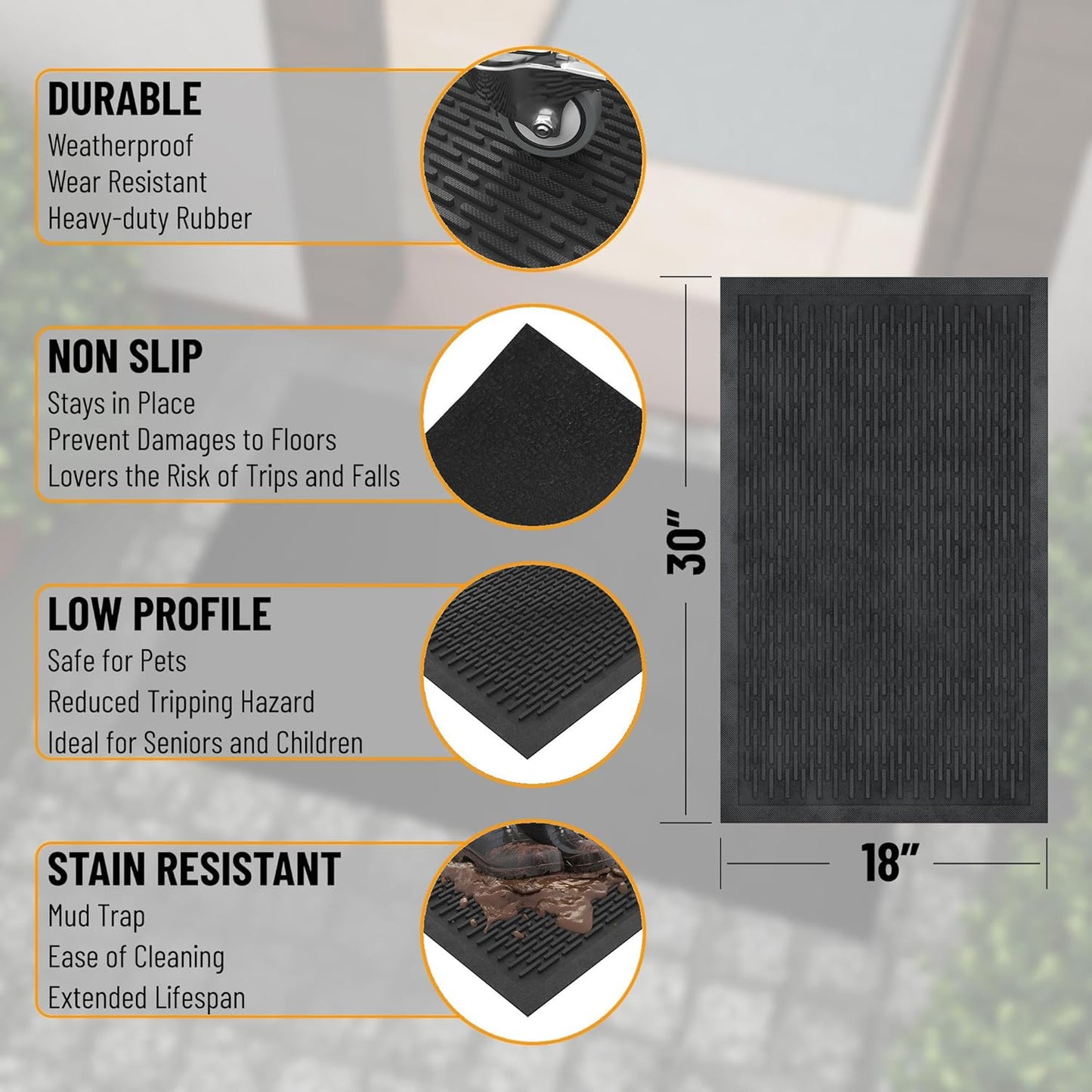 Indoor/Outdoor Hose-Wash Lines Design Non-Slip Rubber 18" x 30" Modern Entryway Mat for Entryway, Patio, Backyard, Garage, 18" x 30", Black Lines