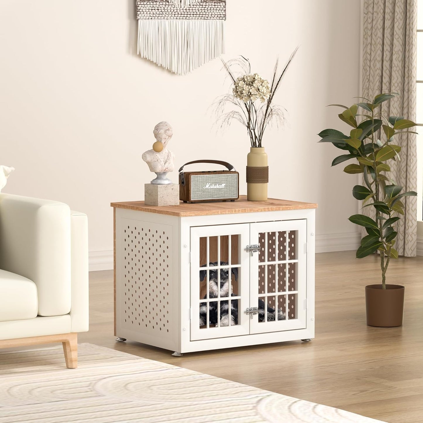 26" Heavy Duty Dog Crate Furniture for Small Dogs, Metal Kennel for High Anxiety Dogs, Chew Proof Pet Cage Indoor, Decorative Dog Kennel End Table,White