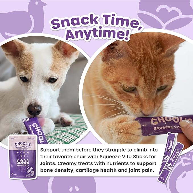 Choolip Squeeze Vita Stick Lickable Cat & Dog Treats – 14 Sticks (2×7 Value Bundle) Joint Support, Creamy Grain-Free Puree with MSM, Green-Lipped Mussel & Vitamin E for Mobility & Cartilage Health