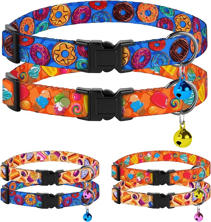 Cat Collars 2 Pack - Soft Cute Breakaway Collar with Bell, Adjustable Safety Kitten Collars for Girl & Boy Cats – Comfortable Stylish Patterned Print Lightweight (Donut + Ice Cream)