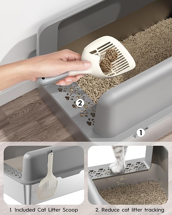 Stainless Steel Cat Litter Box, Extra Large Enclosed Litter Boxs for Big Cats, XL Metal Cat Litter Box with Lid, High Sided, Non Stick, No Smell, Easy to Clean, Included Scoop