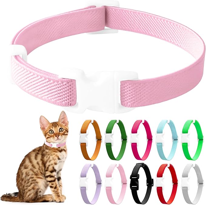 Elastic Cat Collar, Stretch Cat Collar Quick Release, Bright Colors Safety Kitten Collar Adjustable Collar for Kittens, Lightweight Soft Polyester Collars for Boy Girl Cats (Pink,M)