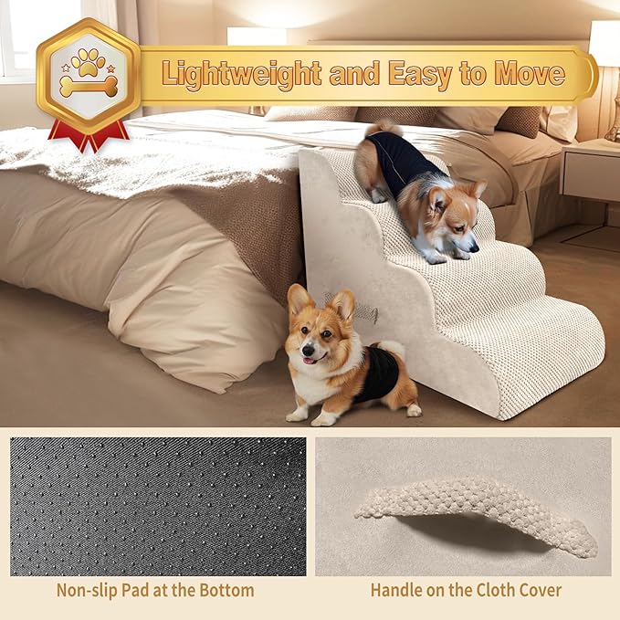PAWSCART Dog Stairs for Small Dogs and Cats, 4-Step Dog Steps for Bed, 19.6" H Pet Stairs for High Bed, Pet Ramp for Couch, Sofa, Non-Slip Surface Removable Washable Cover, Beige