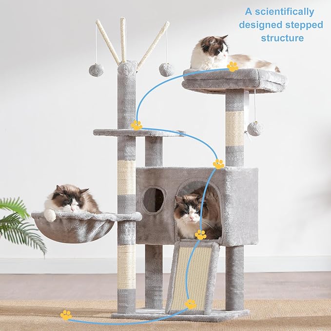 Hey-brother Cat Tree Tower, Scratching Posts with Removable Toys, Cozy Condo, Platform, Hammock, Sisal Scratch Board and Ball for Indoor Kittens, 41.3 Inches, Light Gray MPJ008SW
