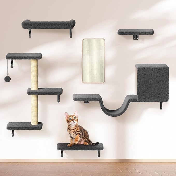 6-in-1 Wall Mounted Cat Climber Set for Heavy Cats,Wall Shelves,Stable & Safe Cat Furniture Set for Large Cats, Wooden Climbing Wall with Scratching Post(Black)