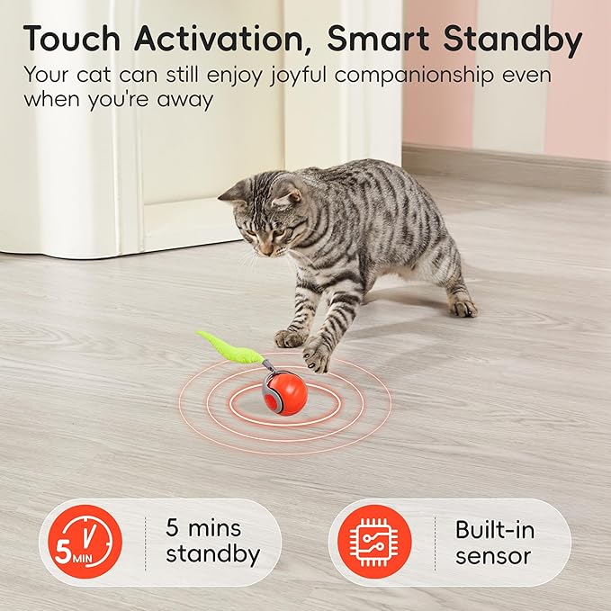 Potaroma Moving Ball Cat Toys with Feather Tail, Rechargeable 2025 New Interactive Toy for Indoor Cats Exercise, Smart Interactive Kitten Rolling Ball, Orange