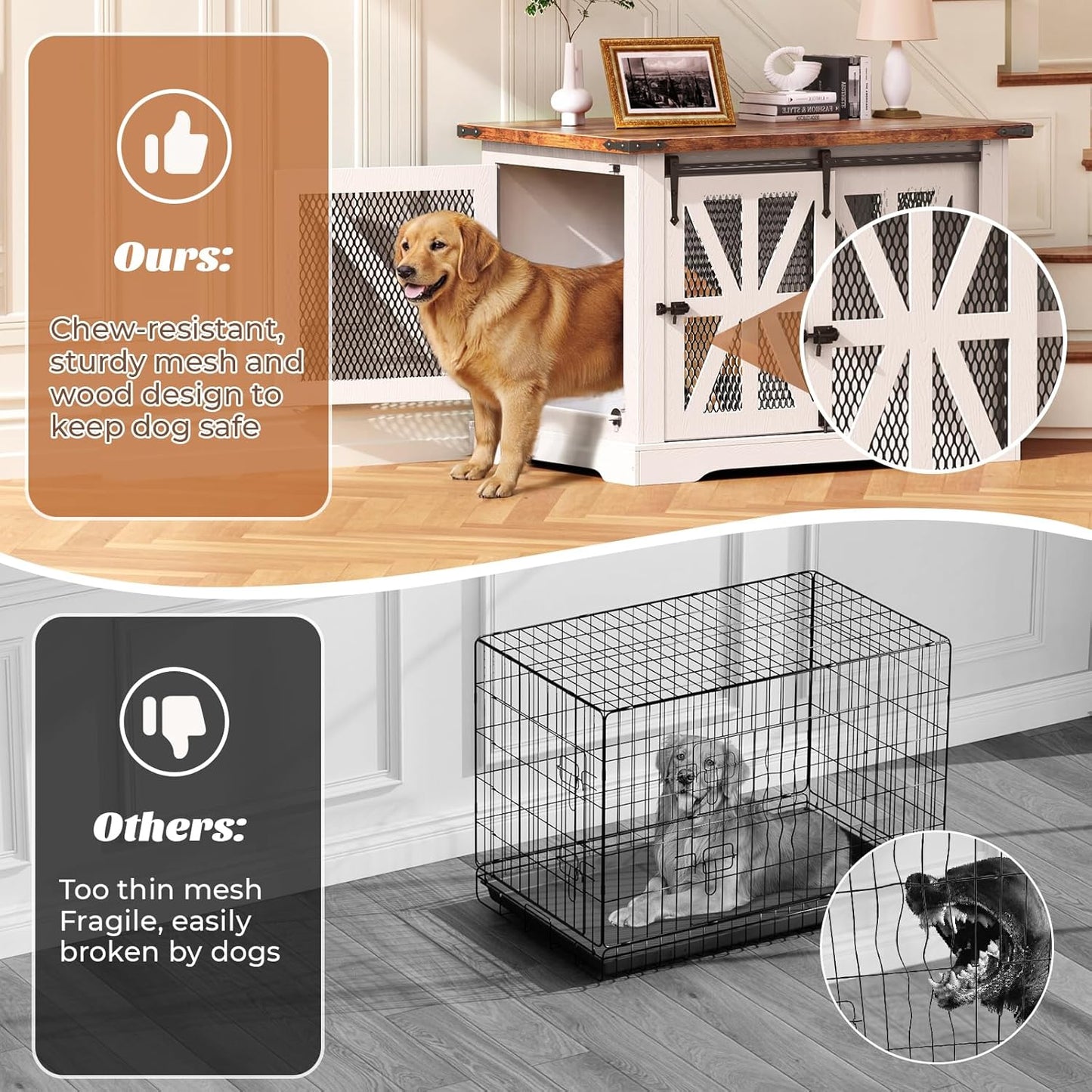 VOPEAK 43.3" XL Dog Crate Furniture, Chew Resistant Dog Crate for Medium Large Dogs, Heavy Duty Extra Large Dog Crate Dog Kennel Indoor with Double Doors, Wooden End Table for Living Room, White