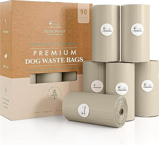 NINA WOOF Dog Poop Bags Rolls - 90 Compostable & Biodegradable for Puppy Walks, Travel, Thick Refill Housebreaking dog poo bags Premium Cornstarch Pet Poo Bags Dogs