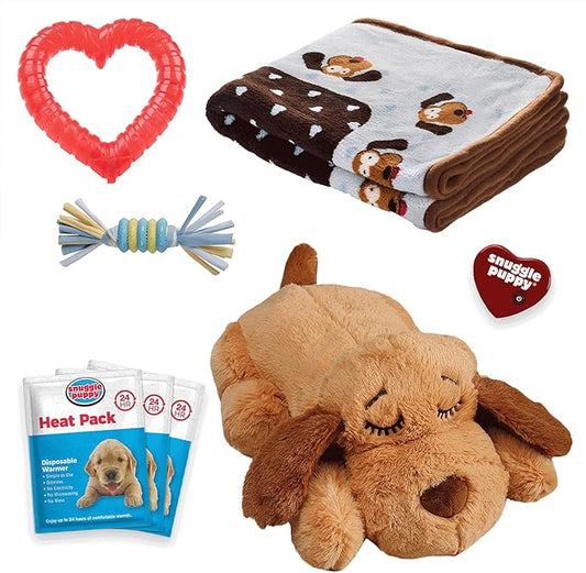 Original Snuggle Puppy Essentials Starter Kit - Heartbeat Puppy for Dogs - Calming Aid with 3 Heat Packs, Puppy Teething Toy, Dog Chew Toy and Dog Blanket