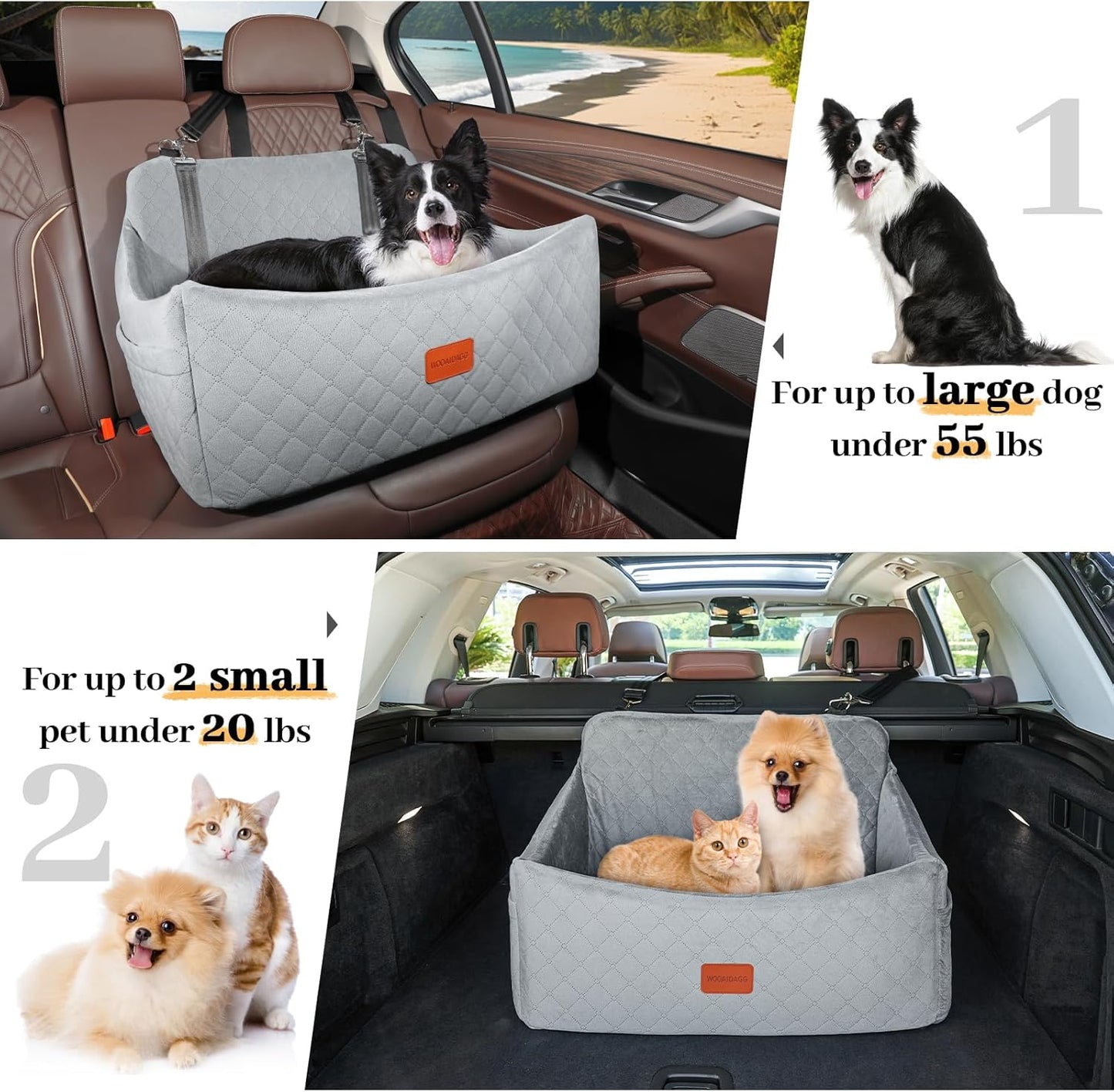 Dog Car Seat for Medium & Large Dogs Up to 55lbs, Memory Foam Cushion, Washable Cover, Safety Straps & Non-Slip Base(Grey,Large)