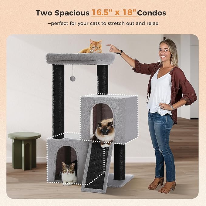 Heavy Duty Cat Tree for Indoor Cats Adult, 45-Inch Cat Tower with Sisal Scratching Ramp, 2 Cat Condo for Extra Large Cats, Big Top Perch, 3 Thick Black Scratching Posts (φ4.3) -Gray