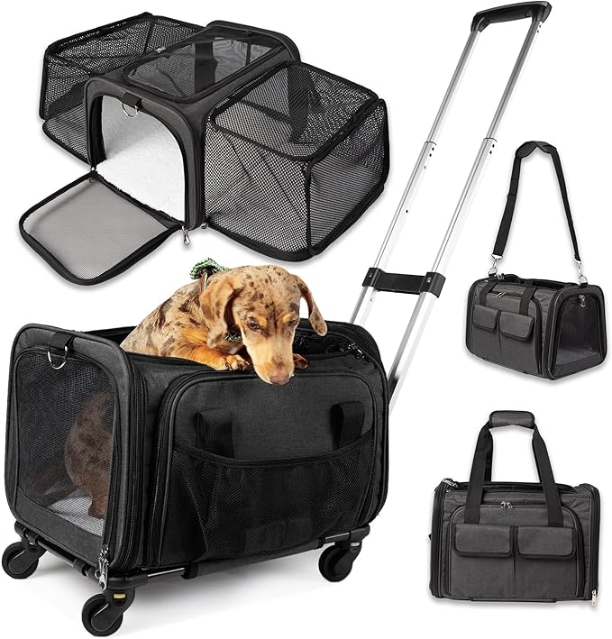 Pet Carrier with Wheels | United Delta American Frontier Airline Approved | Two Expandable Sides, Storage Pockets Adjustable Leash | Rolling Dog and Cat Carrier TSA Compliant (Charcoal)