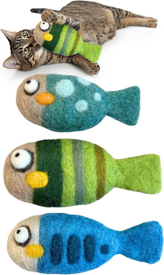 Woolbuddy Felted Wool Cat Toys – 3 Fish Kick Toys for Indoor Cats, Catnip-Free & Durable