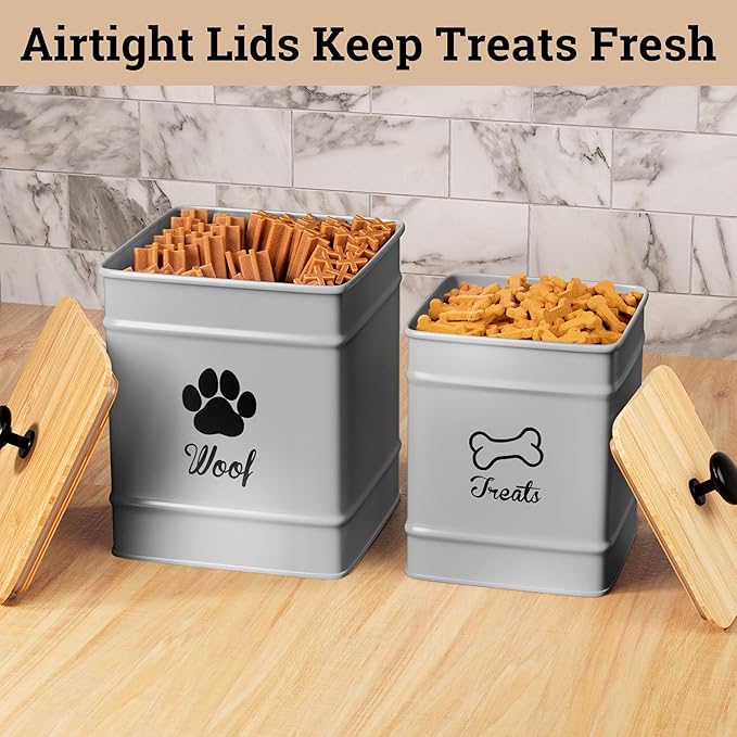 Dog Treat Container Airtight Set of 2 - 8x6 & 7x5 inch Iron Dog Treat Jars for Kitchen Counter with Airtight Bamboo Lids - 20 Cup Capacity Pet Treat Container Set - Doggie Cookie Jar - Treats Canister