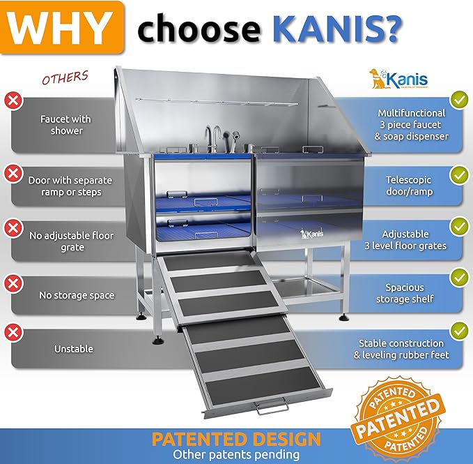 KANIS Professional Dog Washing Station - 304 Stainless Steel Pet Wash Sink & Grooming Bath Tub for Home with Ramp, Shower, Floor Grate, Storage Shelf, Faucet, Drain Kit for Large, Medium & Small Pets