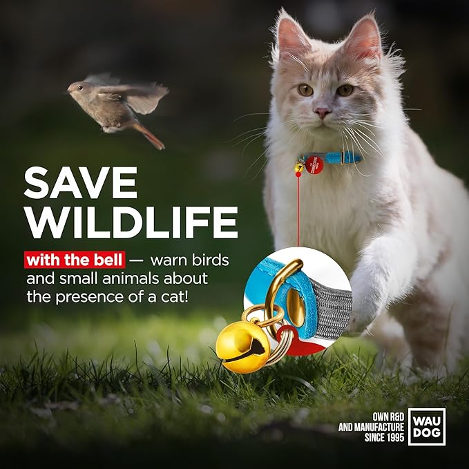 WAUDOG Ultra Soft Rolled Leather Cat Collar with Removable Bell, Safety Elastic Strap and QR ID Tag - Soft Padded for Small, Medium, and Large Cats - Round Kitten Collar for Male and Female Cats