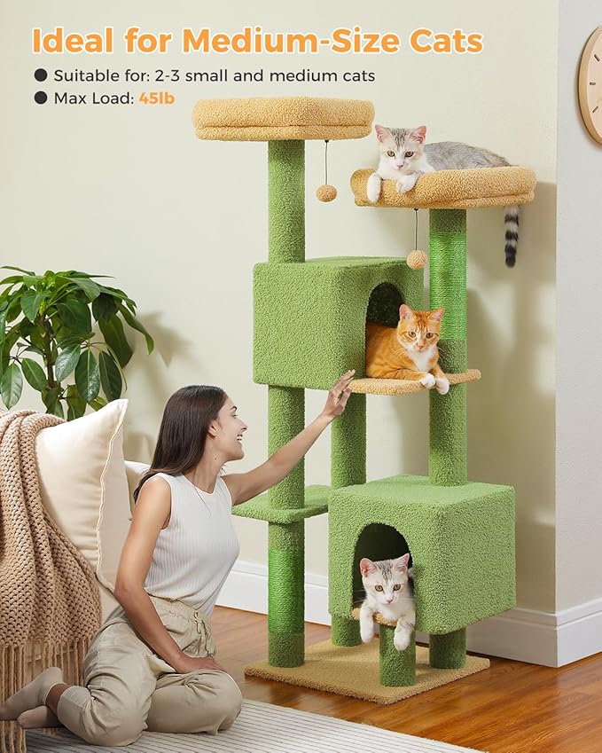 52.4" Cactus Cat Tree, Cute Cat Tower for Indoor Cats with 2 Padded Perches, 2 Cozy Condos & Sisal Scratching Posts, Green