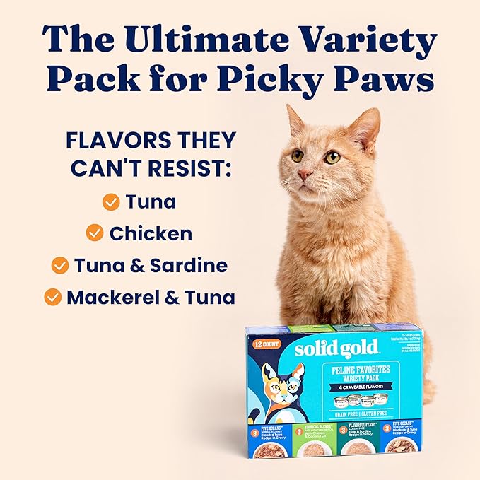 Solid Gold Wet Cat Food Variety Pack - Pate & Shreds in Gravy - Healthy Canned Cat Food Pate w/Real Chicken, Tuna, Mackerel & Sardine - Grain Free & Gluten Free Can Meals for Cats & Kittens - 12ct/3oz