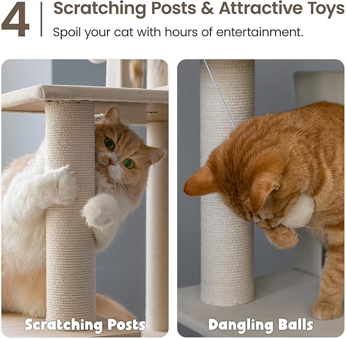 MWPO Large Modern Cat Tree, 70.1-Inch Wood Cat Tower for Indoor Cats, Multi-Level Tall Cat Condo with 2 Padded Perches, Hammock, Scratching Posts, Dangling Toys, Beige