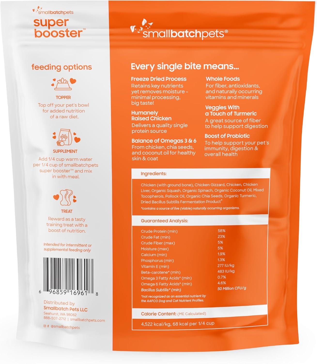 smallbatch Freeze Dried Dog Treats, Superfood Food Topper Chicken Bites for Dogs & Cats, Probiotics, Organic Ingredients, High Protein, Grain Free Healthy Treat Food Topper, Made in The USA, 7 oz Bag