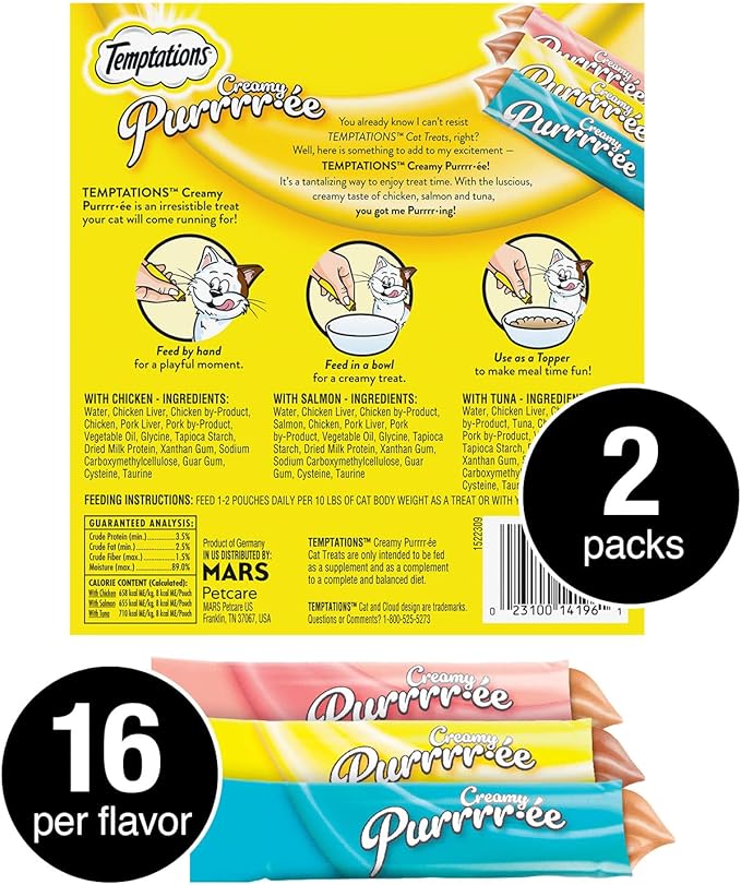 Temptations Creamy Puree Squeezable Lickable Wet Cat Treat Variety Pack, 0.42 oz. Tubes, 24 Count, Pack of 2 (48 Total)