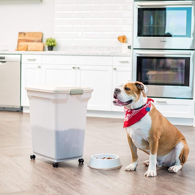 IRIS USA 58 Lbs / 67 Qt WeatherPro Airtight Pet Food Storage Container with Attachable Casters, For Dog Cat Bird and Other Pet Food Storage Bin, Keep Fresh, Translucent Body, Pearl/Almond