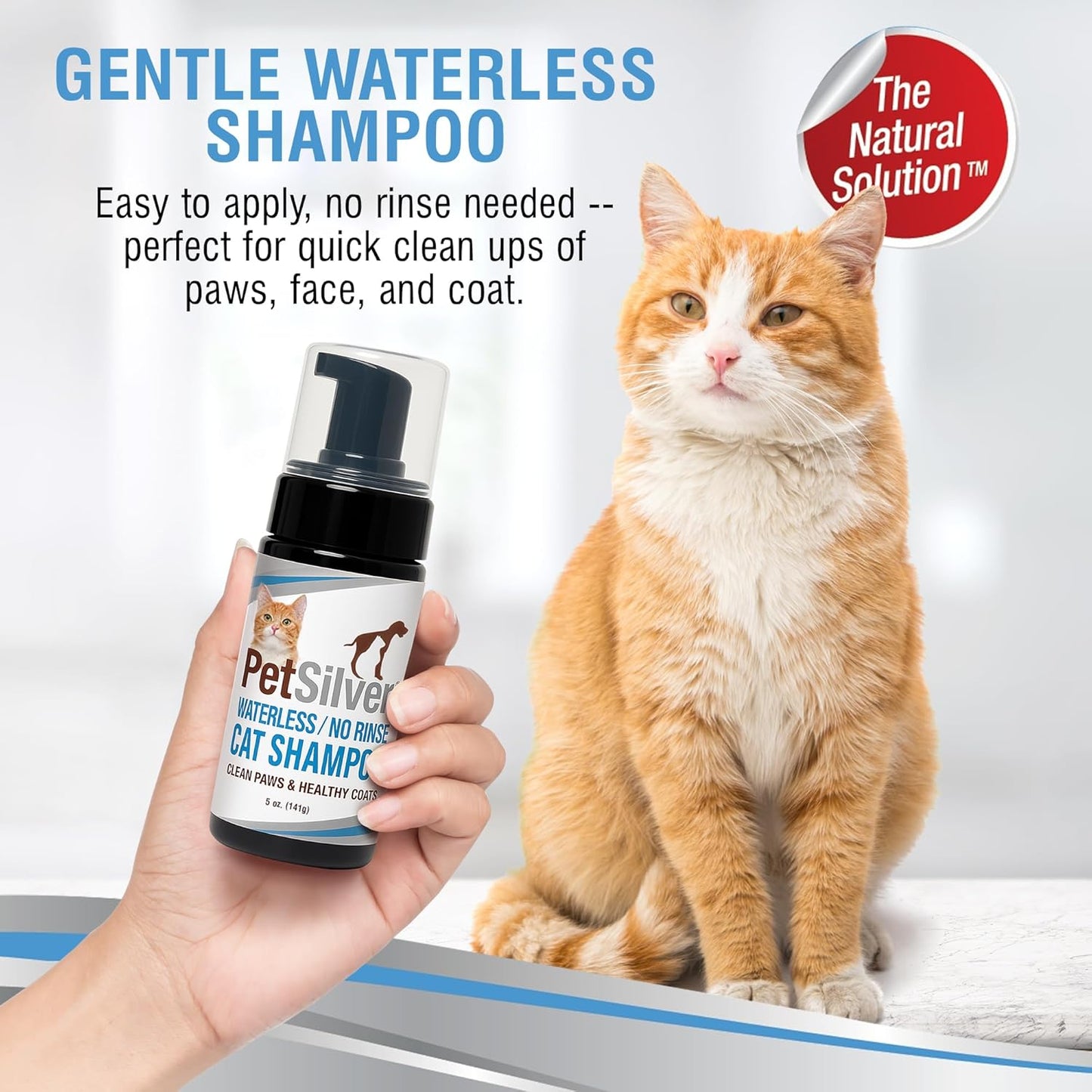 PetSilver Waterless Cat Shampoo - No Rinse Bath & Dry Shampoo for Cats - Long-Haired & Sensitive Skin - Cleans, Conditions & Moisturizes - Hypoallergenic & Fragrance-Free - Patented Formula - 5 fl oz